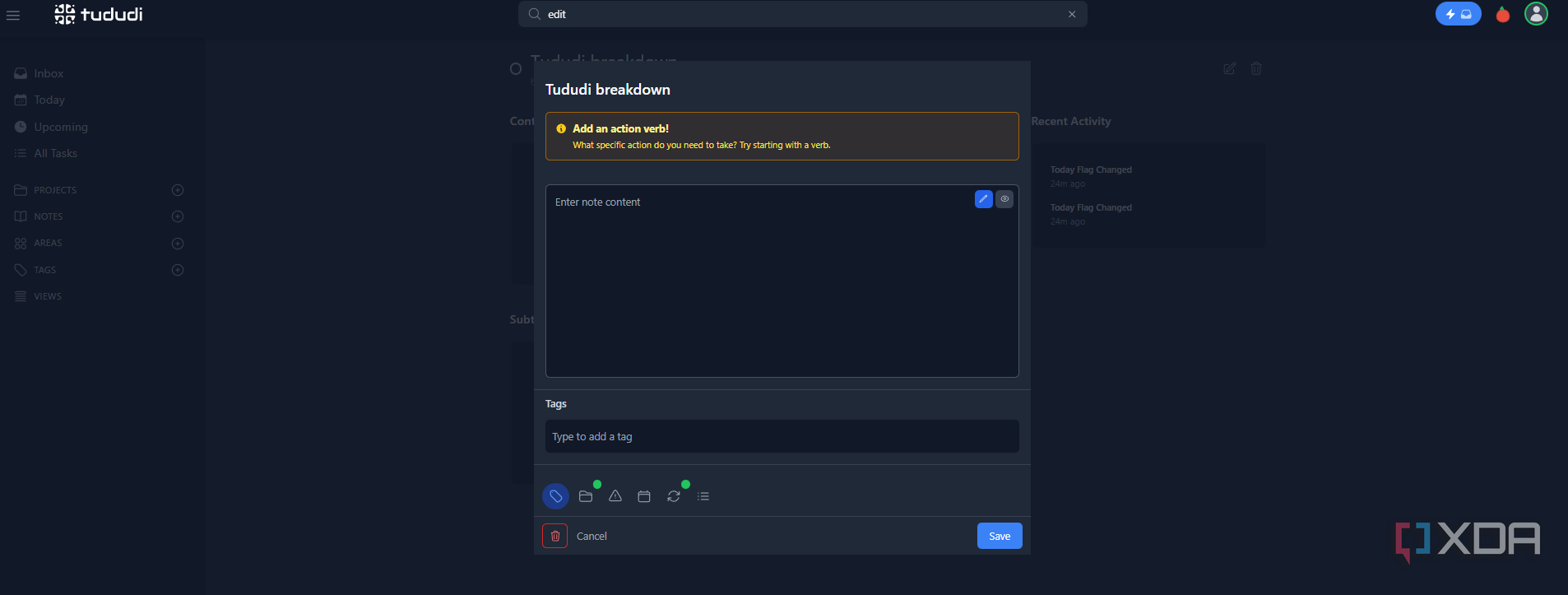 Tududi makes it easy to tag tasks.