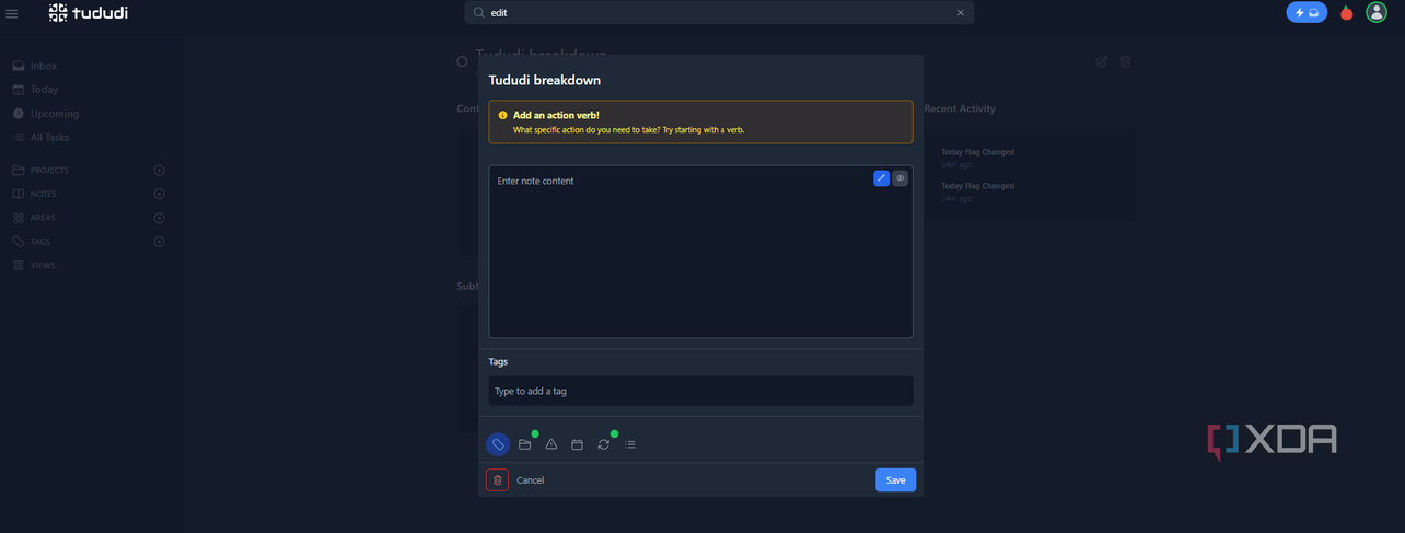 Tududi makes it easy to tag tasks.