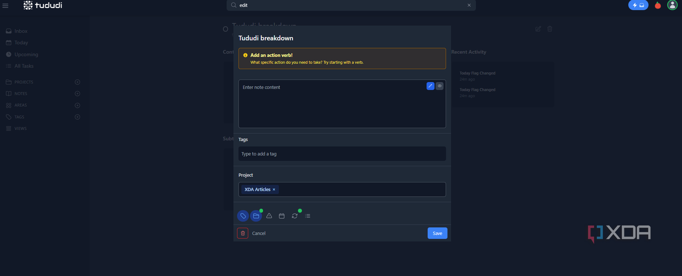 Tududi makes it easy to assign different tasks to different projects.