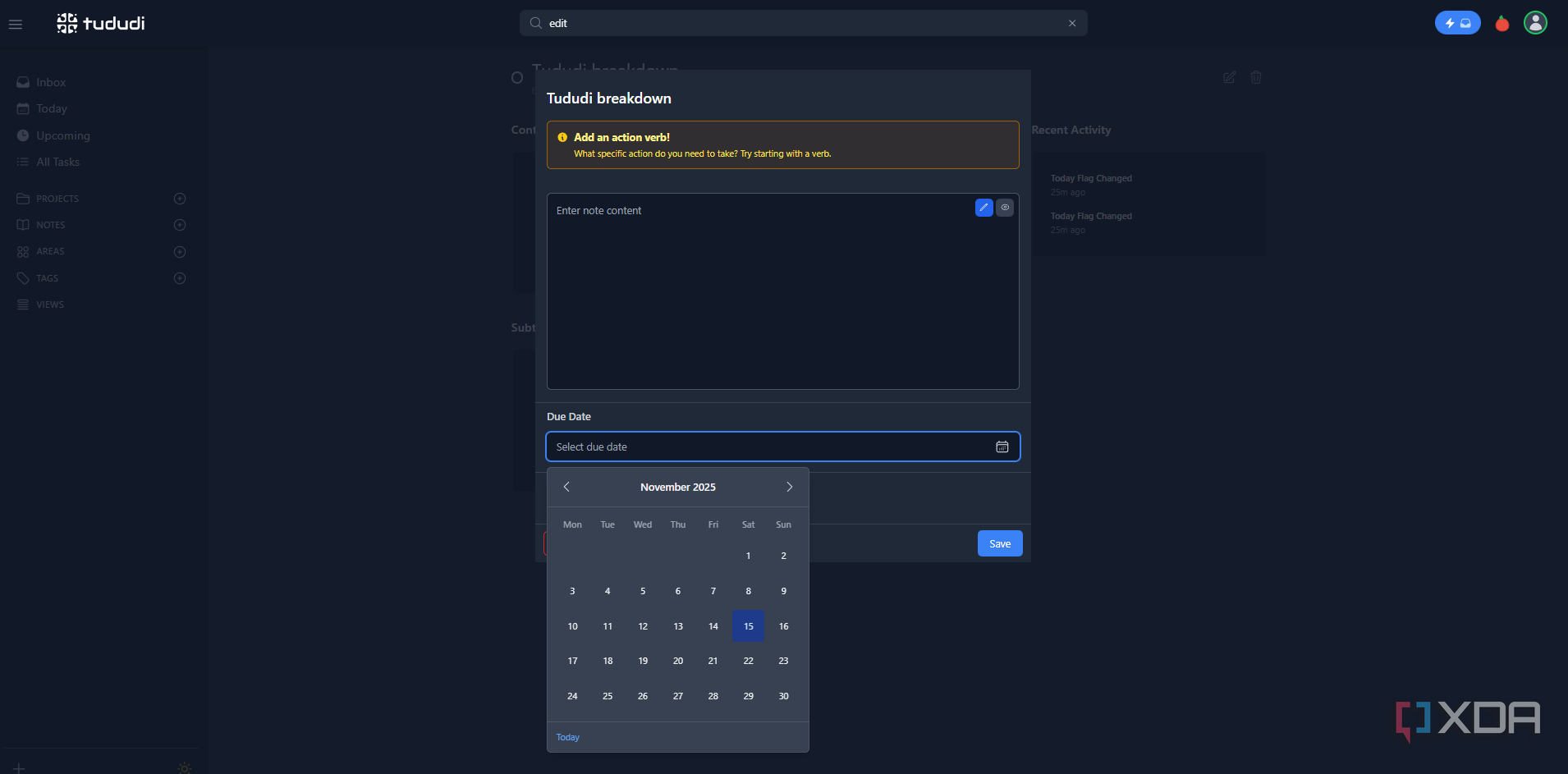 Tududi lets users set custom due dates. 