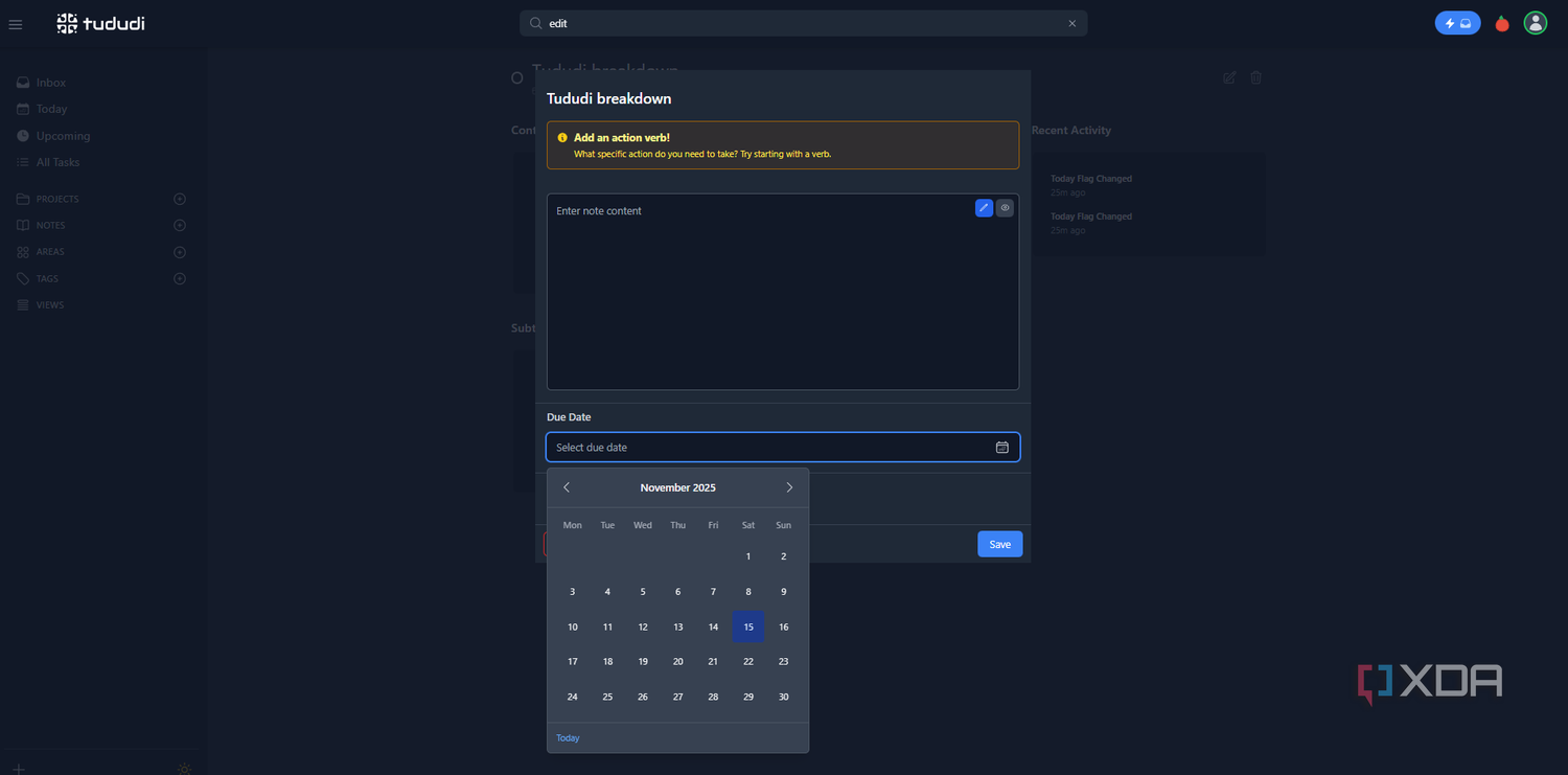 Tududi lets users set custom due dates.