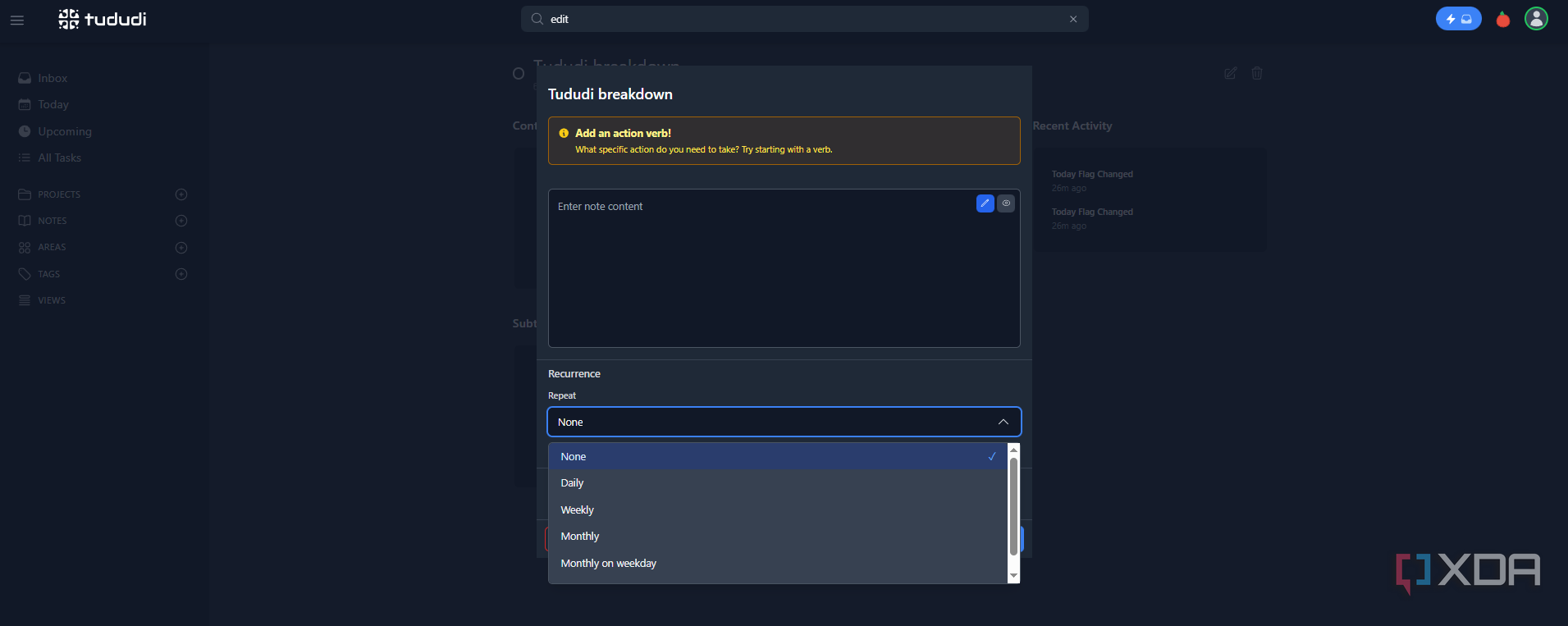 Tududi allows users to set recurring tasks. 