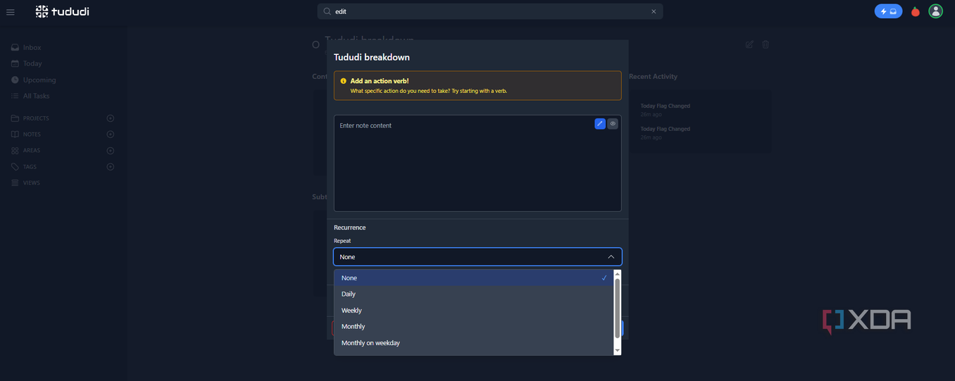 Tududi allows users to set recurring tasks.