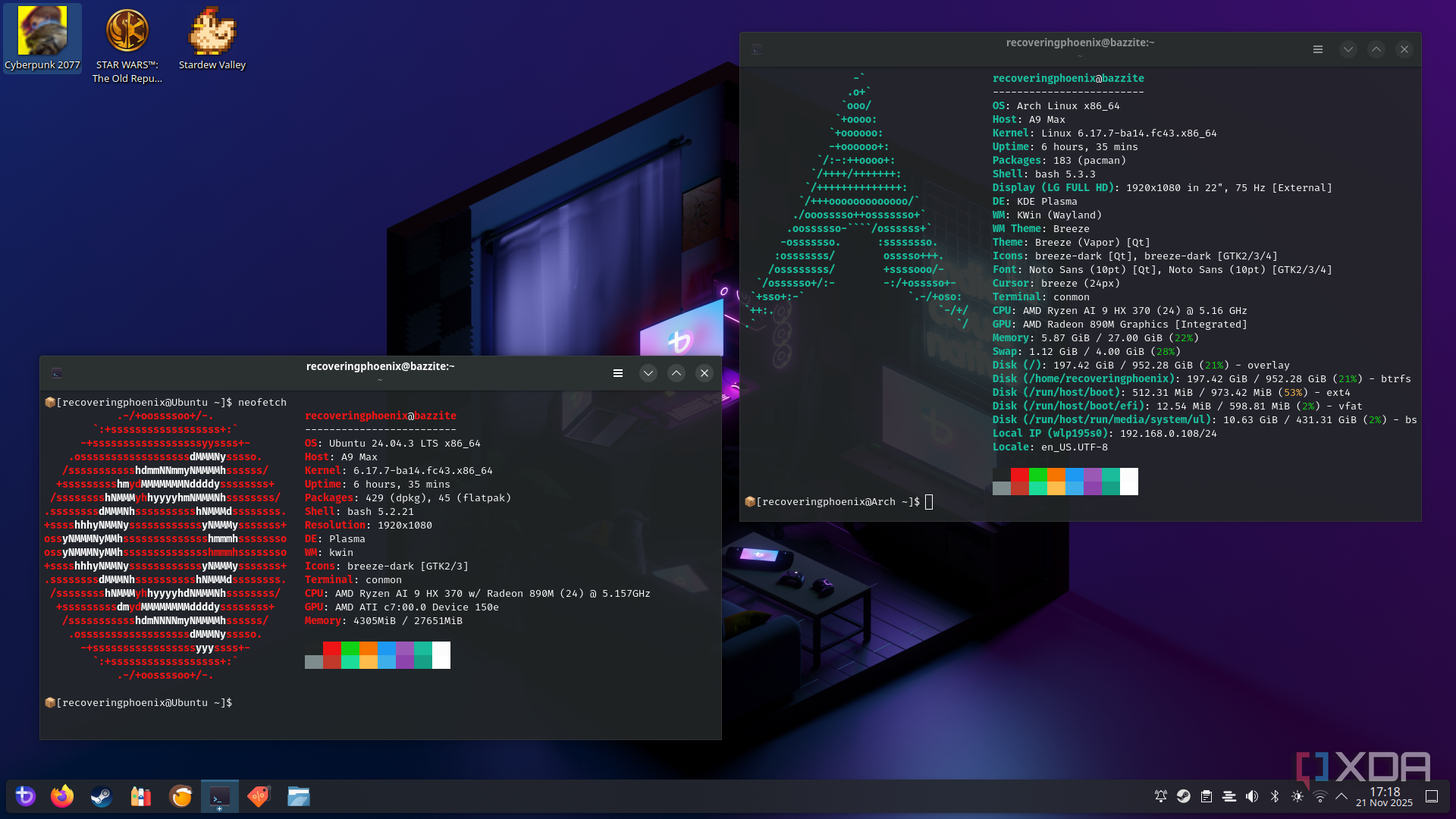 Ubuntu and Arch Linux terminals in Bazzite