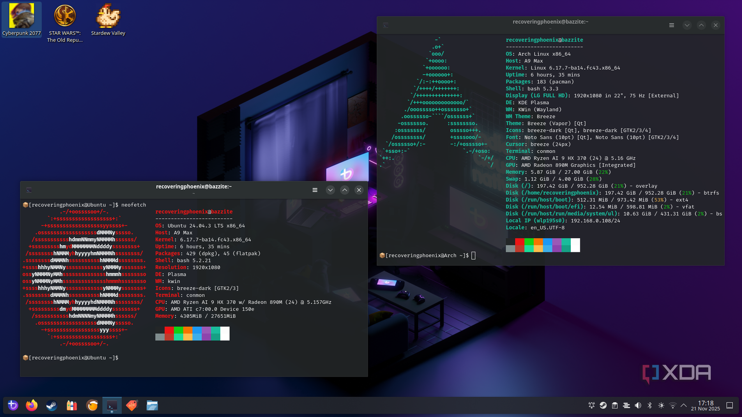 Ubuntu and Arch Linux terminals in Bazzite