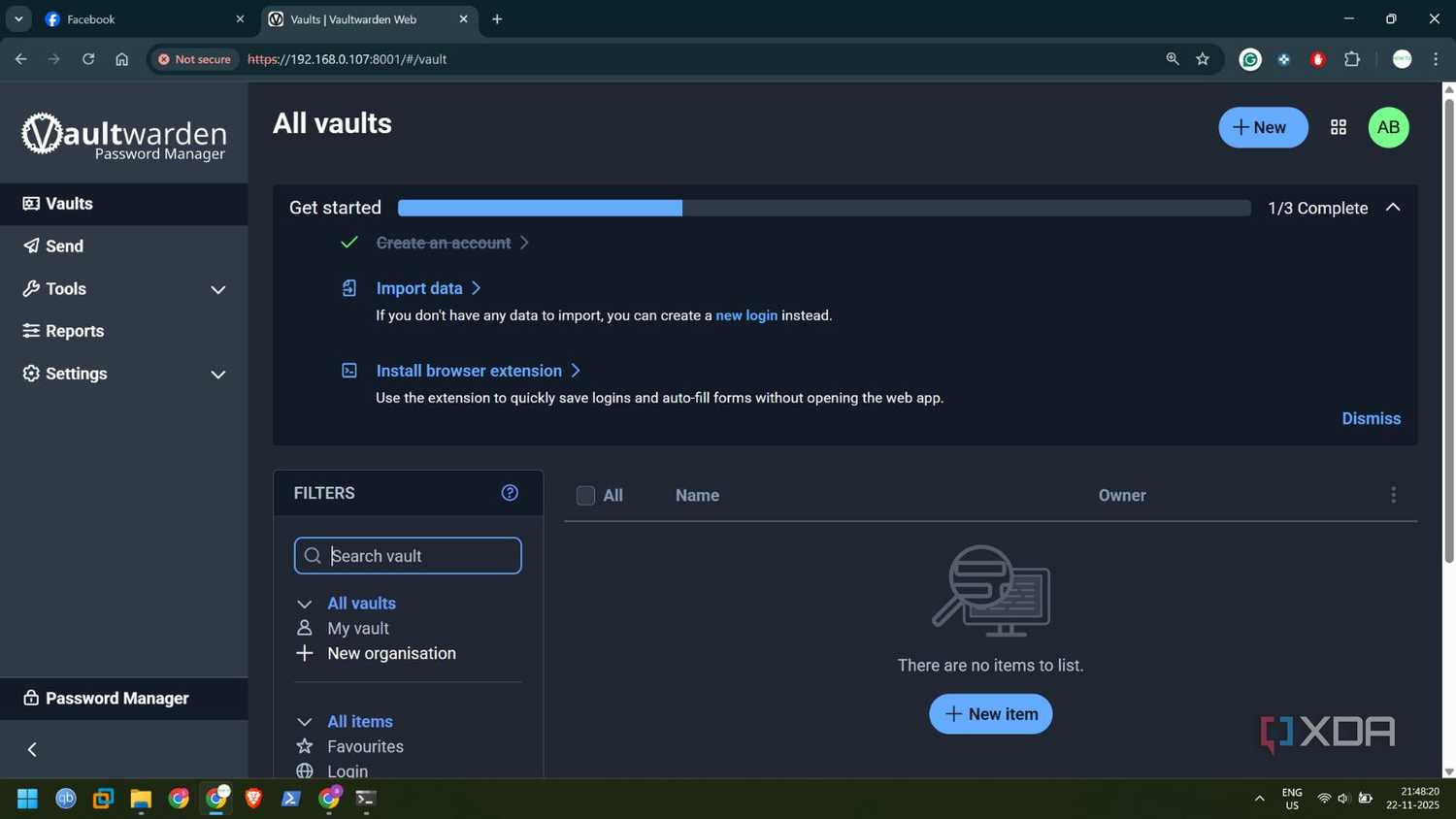 screenshot of vaultwarden home page