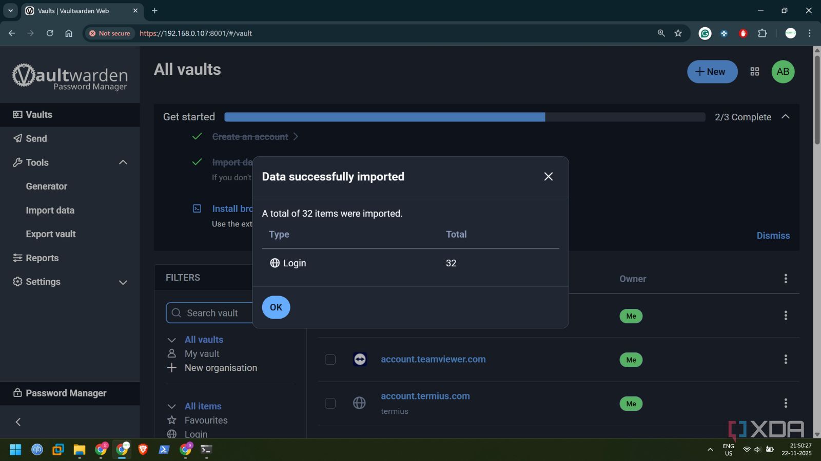 Процесс импорта паролей в систему Vaultwarden