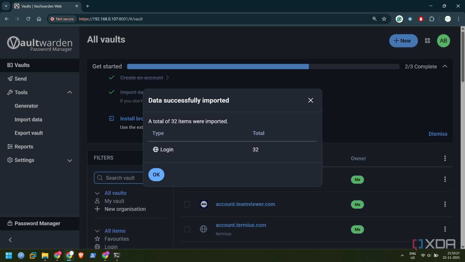 screenshot of vaultwarden import passwords