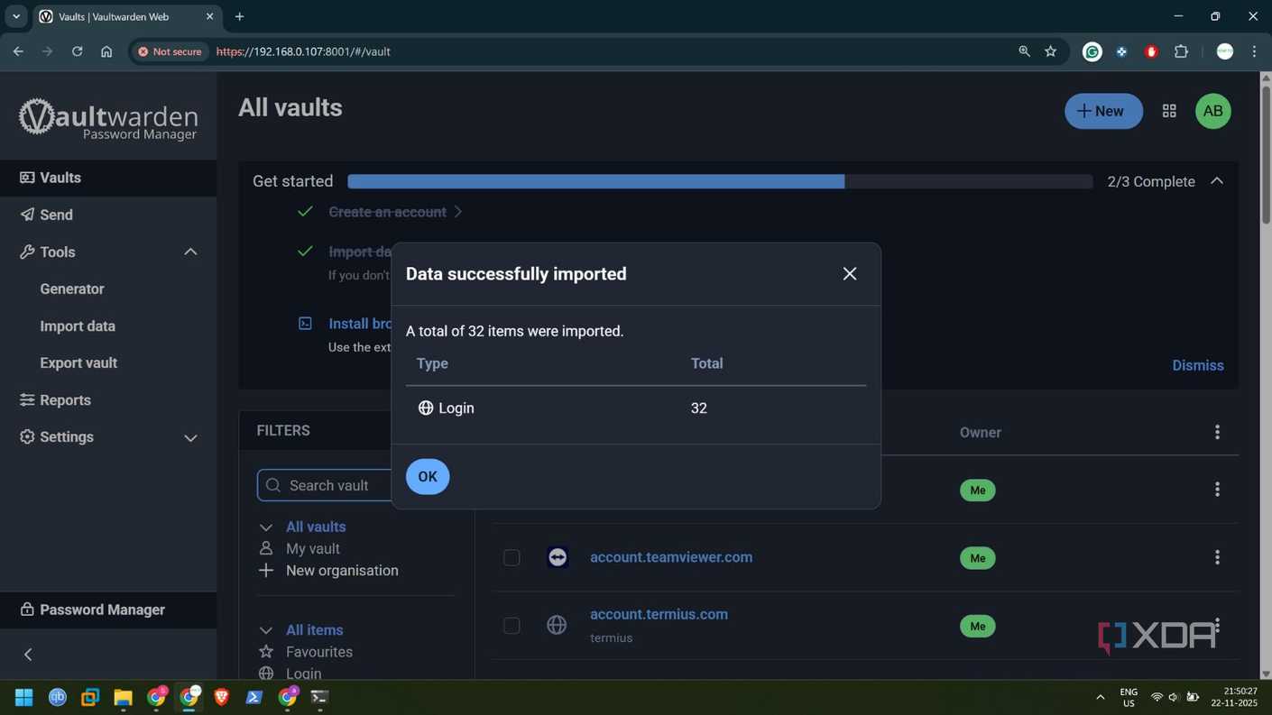 Импорт паролей Процесс импорта паролей в систему Vaultwarden