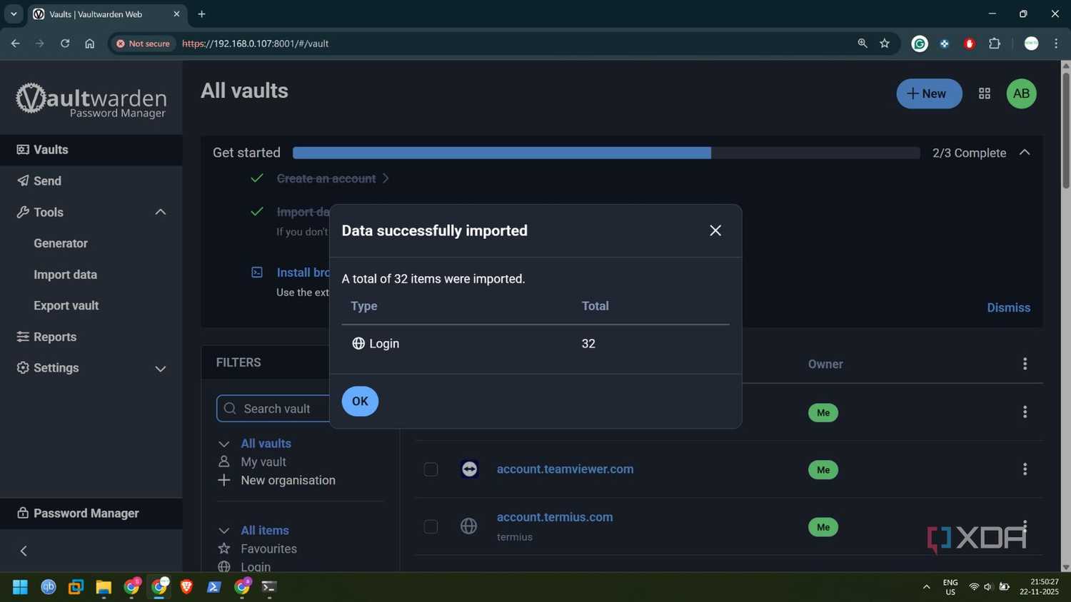 screenshot of vaultwarden import passwords