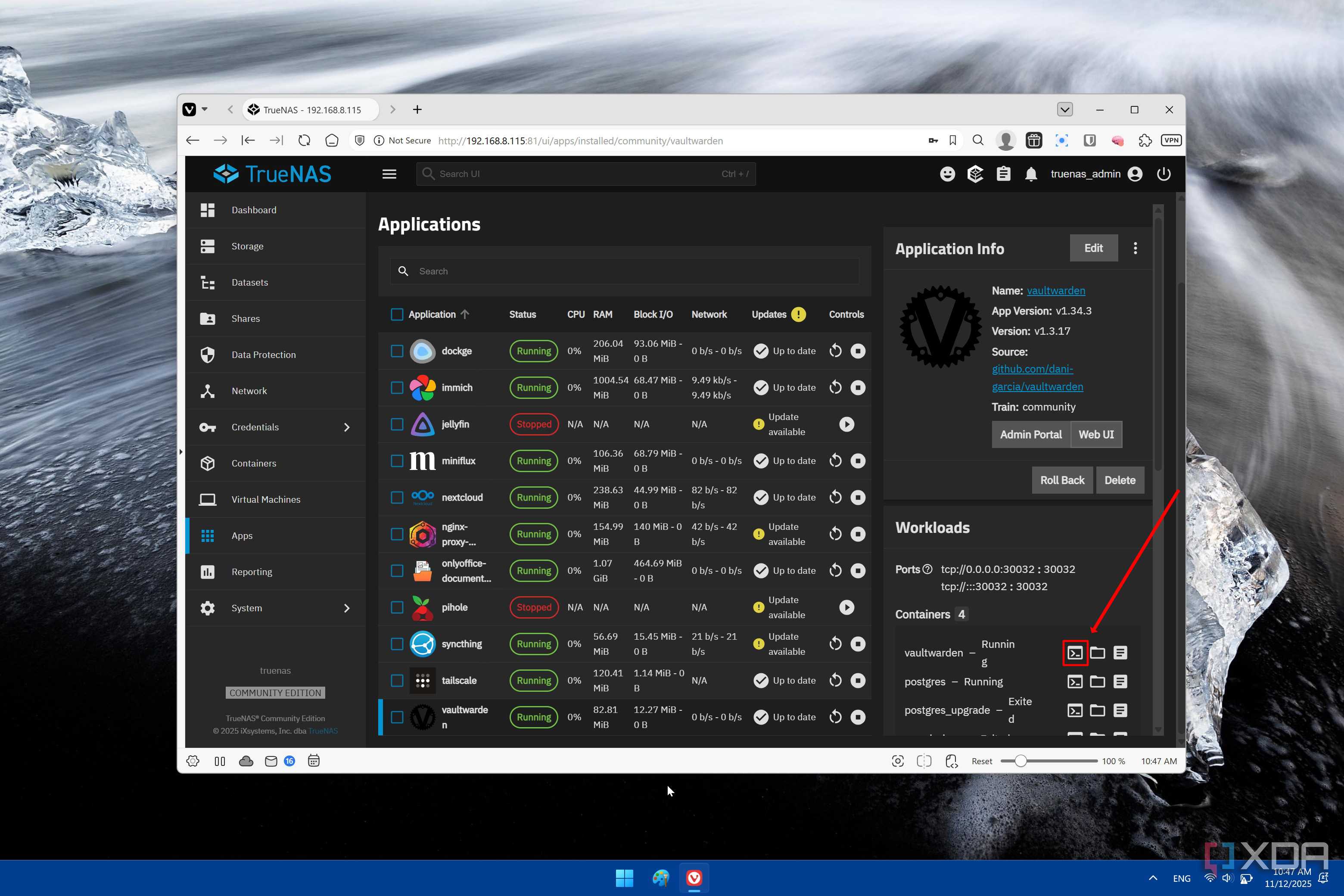 Screenshot of TrueNAS showing information about the Vaultwarden app in TrueNAS, with an arrow pointing to the button to access the shell for the app