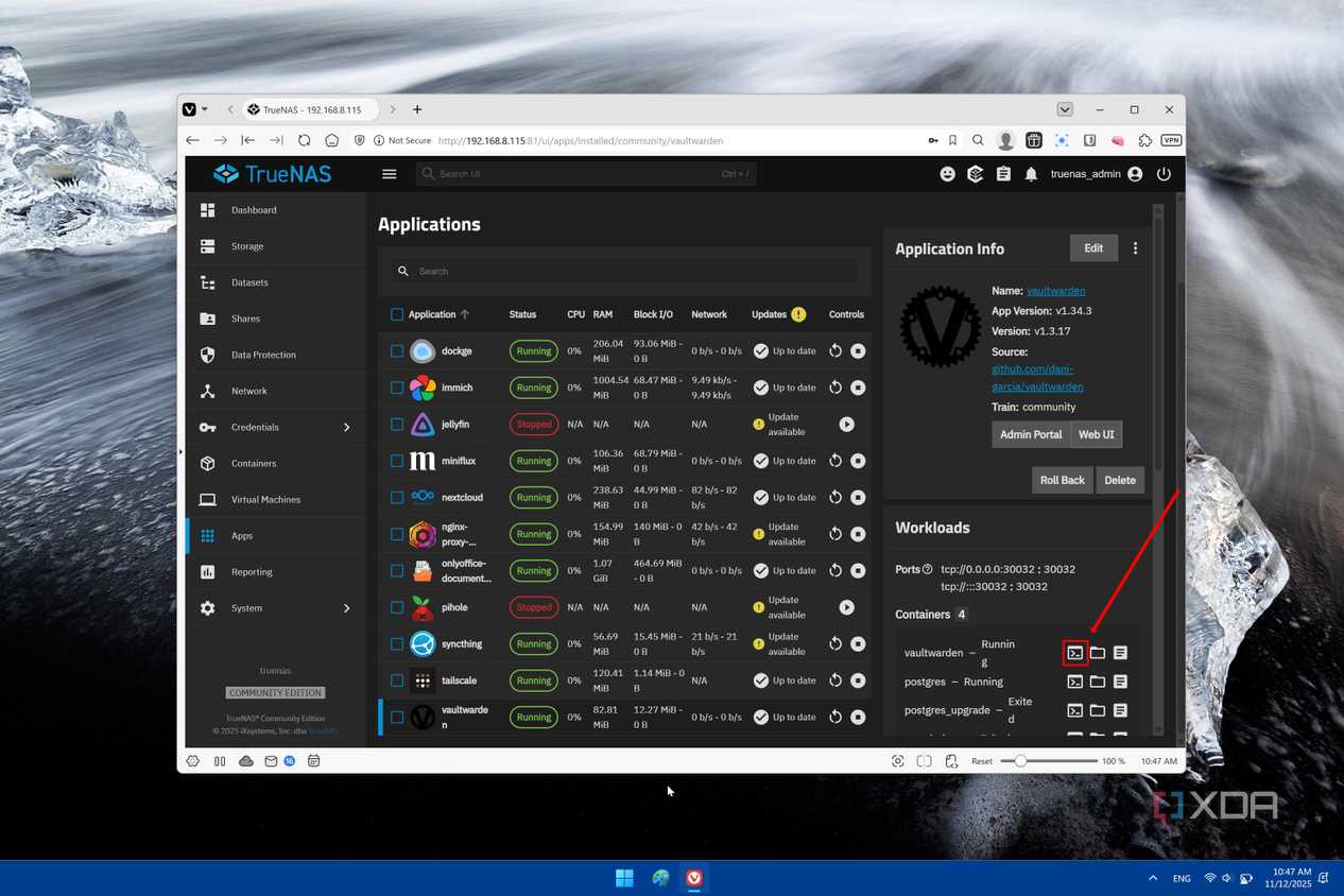 Screenshot of TrueNAS showing information about the Vaultwarden app in TrueNAS, with an arrow pointing to the button to access the shell for the app