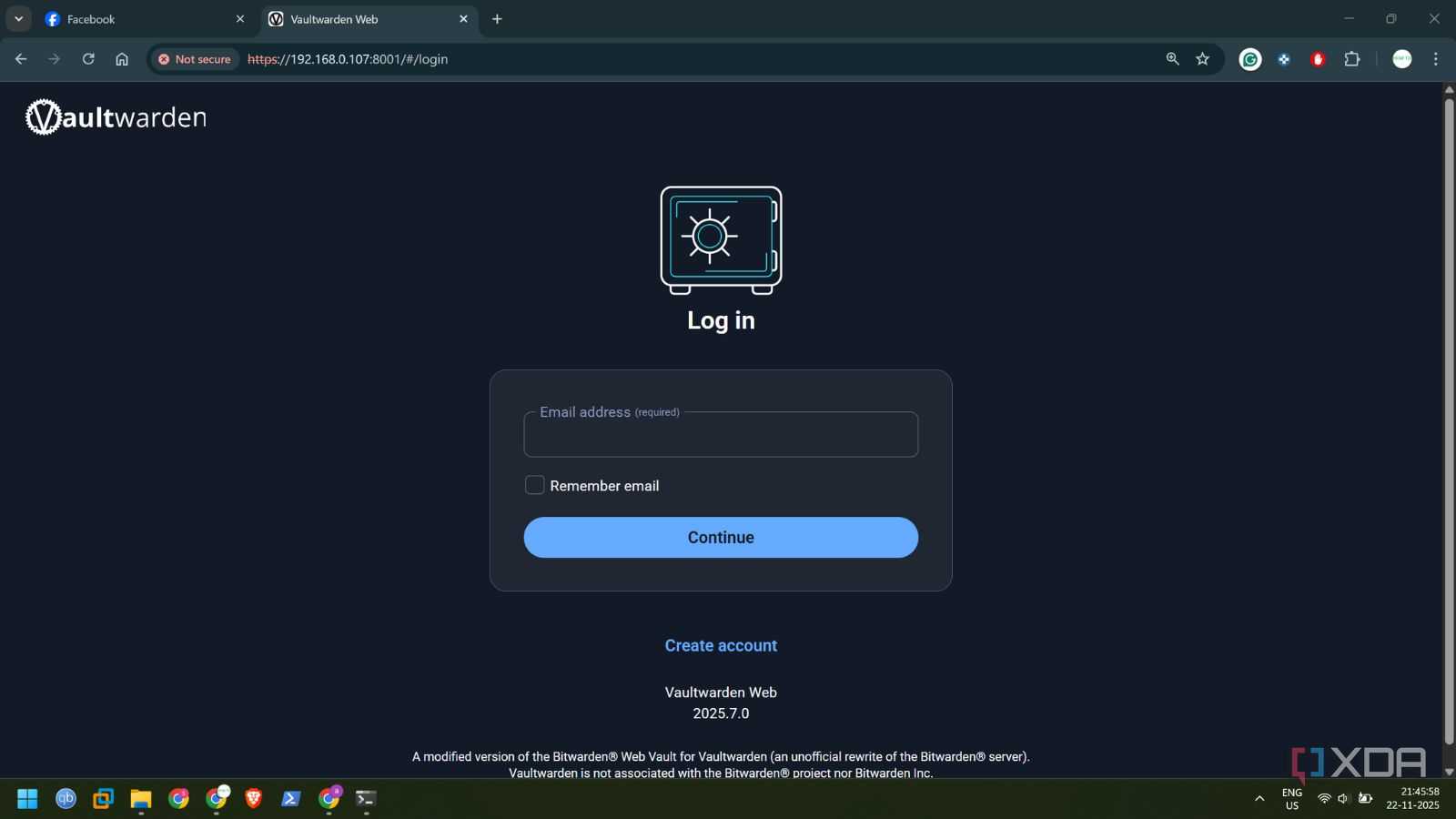 screenshot of vaultwarden web login