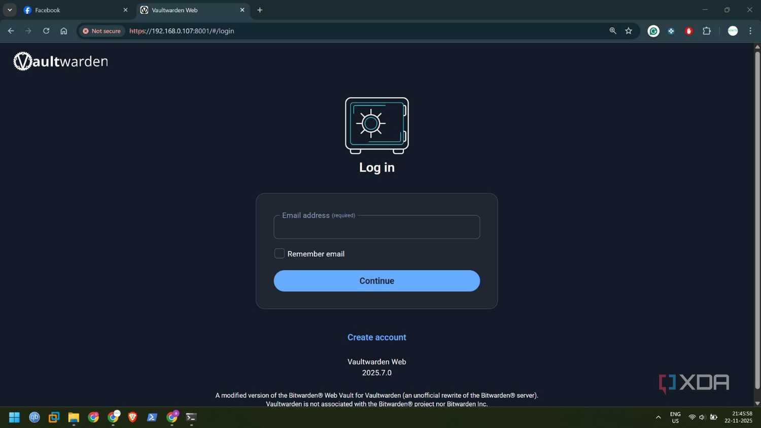 screenshot of vaultwarden web login