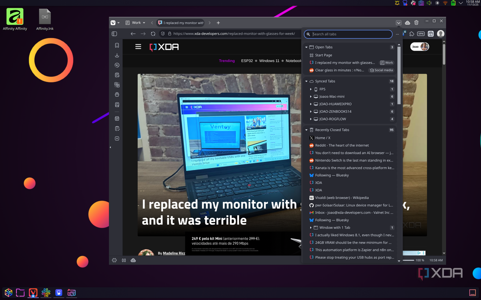 Captura de pantalla del menú de pestañas en Vivaldi que muestra pestañas abiertas, pestañas en la nube y pestañas cerradas recientemente