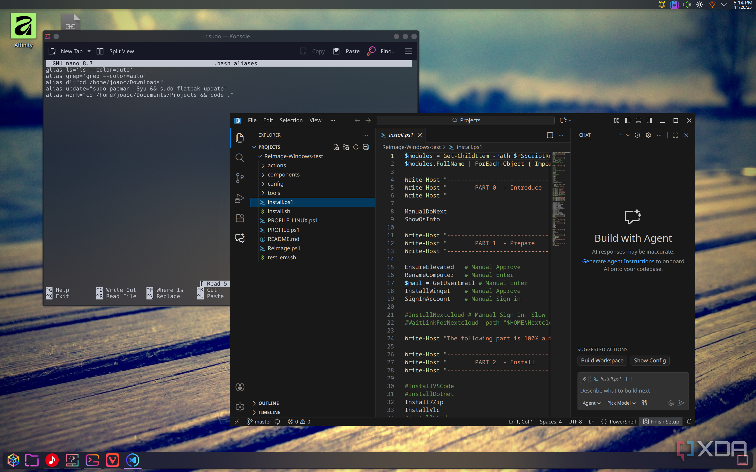 Screenshot of VS Code open to a specific folder next to a terminal window where an alias is defined to open the program in said folder
