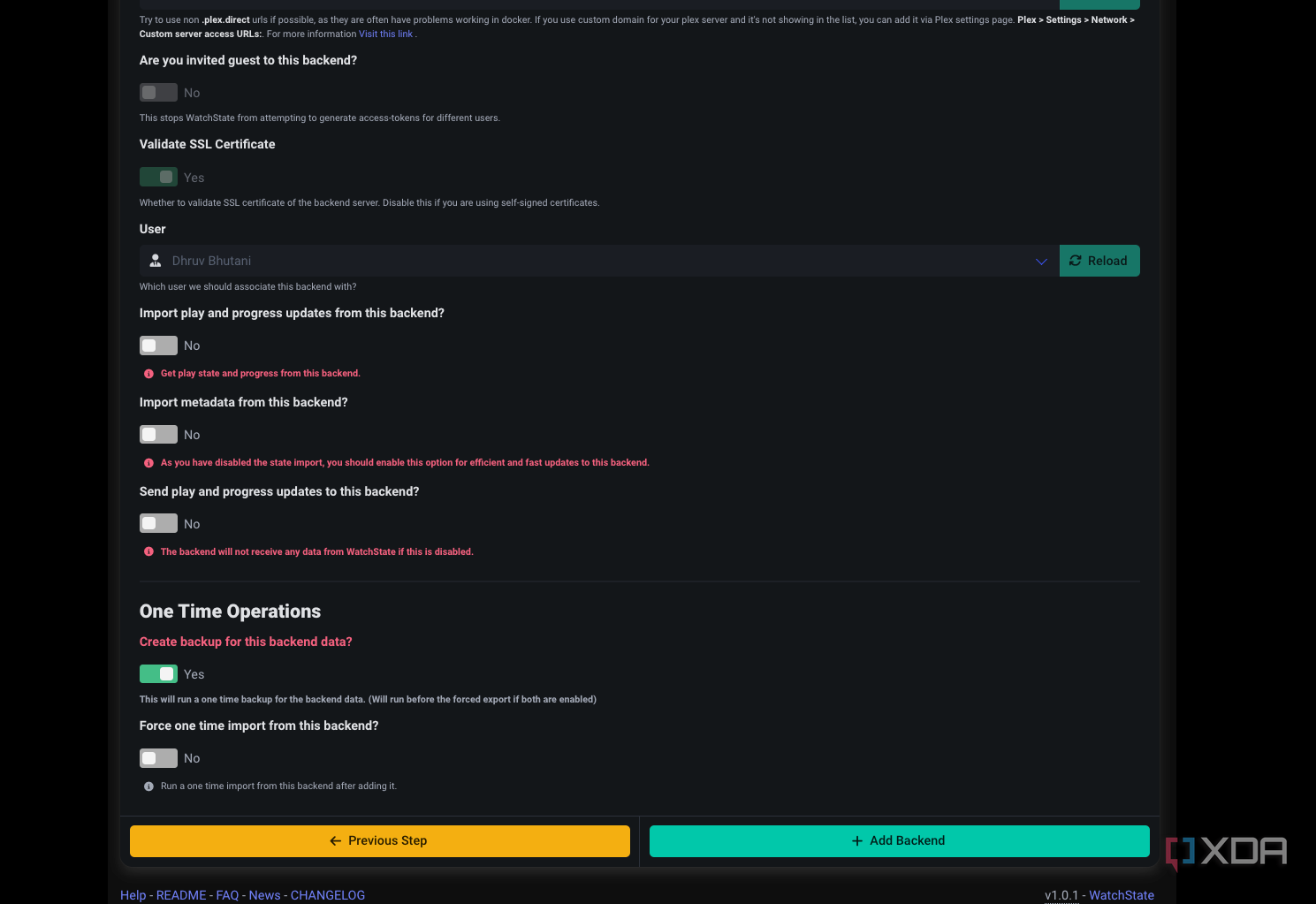 watchstate backup settings