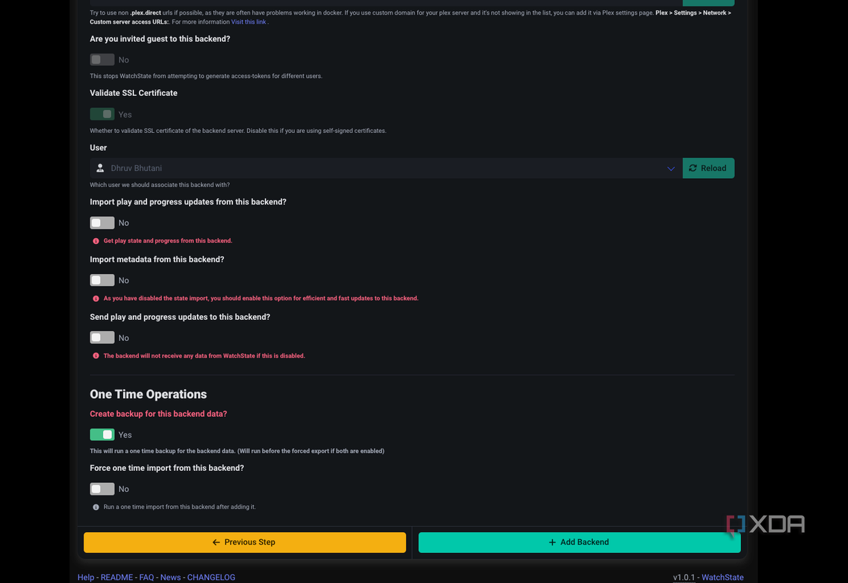 watchstate backup settings