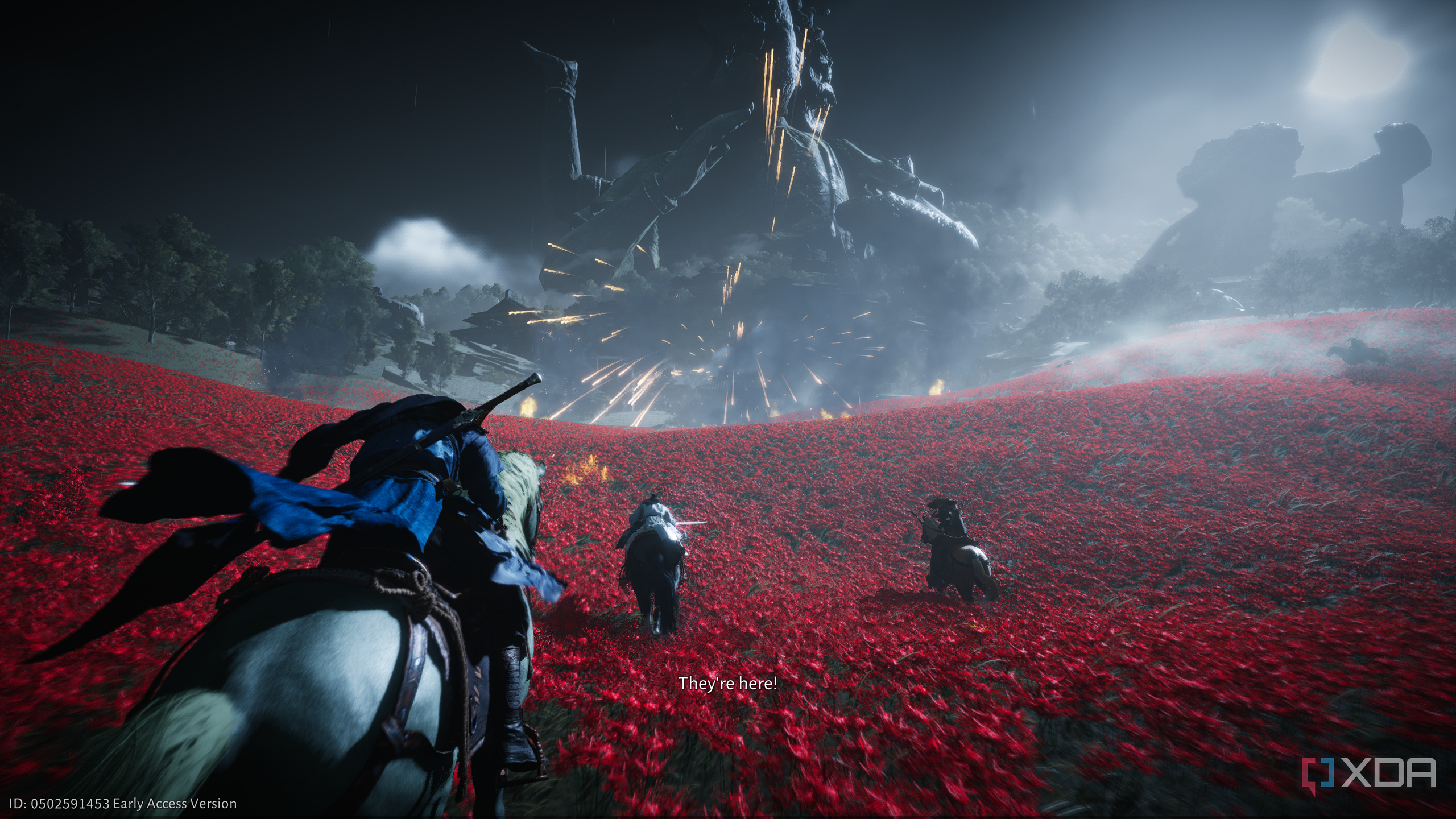 Chasing a horse through a field of red flowers in Where Winds Meet.