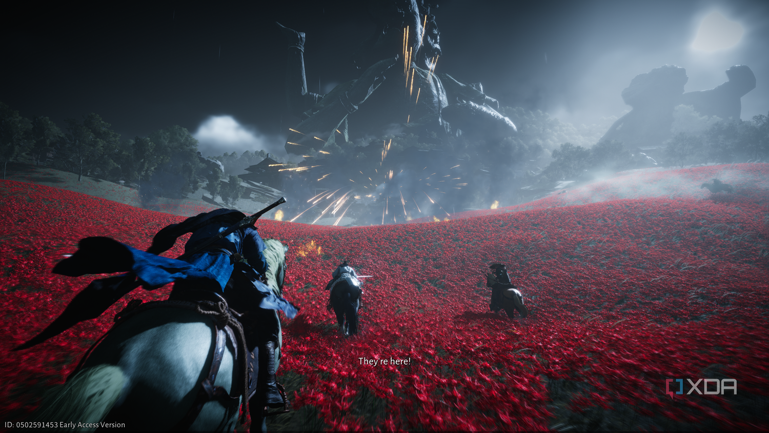 Chasing a horse through a field of red flowers in Where Winds Meet.