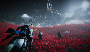 Chasing a horse through a field of red flowers in Where Winds Meet.