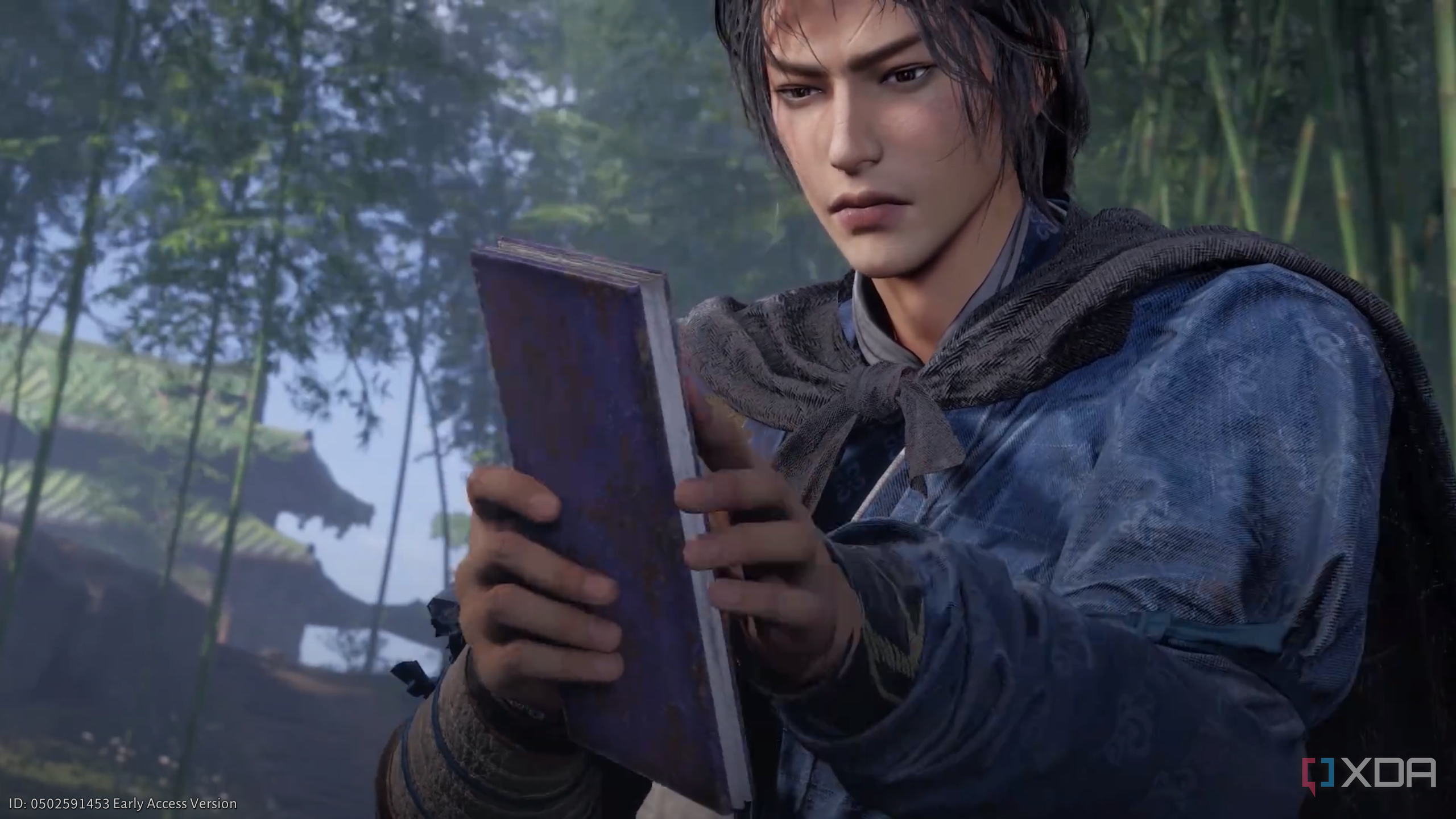 A character holding a book in Where Winds Meet.