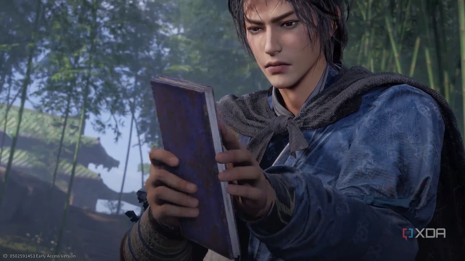 A character holding a book in Where Winds Meet.