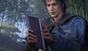 A character holding a book in Where Winds Meet.