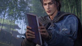 A character holding a book in Where Winds Meet.