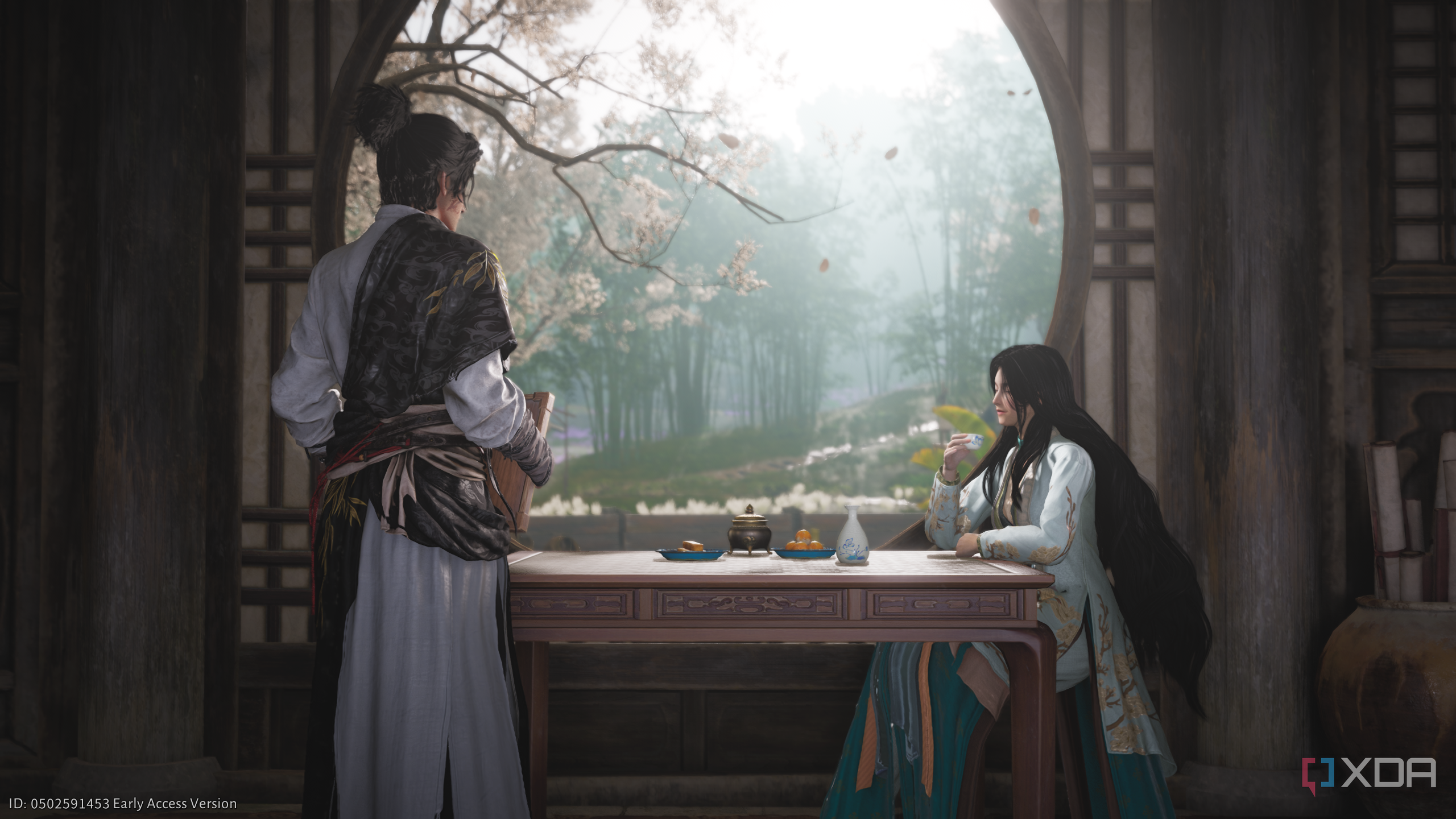 The PC talking to a mysterious guest in Where Winds Meet.