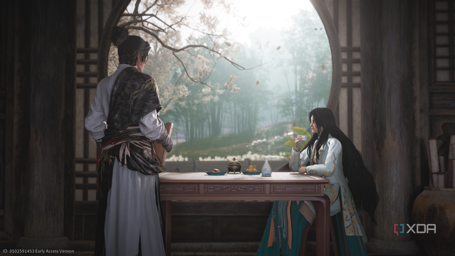 The PC talking to a mysterious guest in Where Winds Meet.