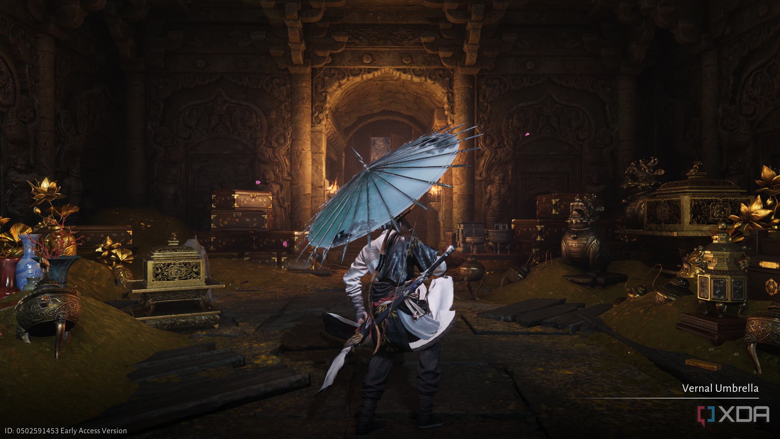 Fighting with an umbrella weapon in Where Winds Meet.