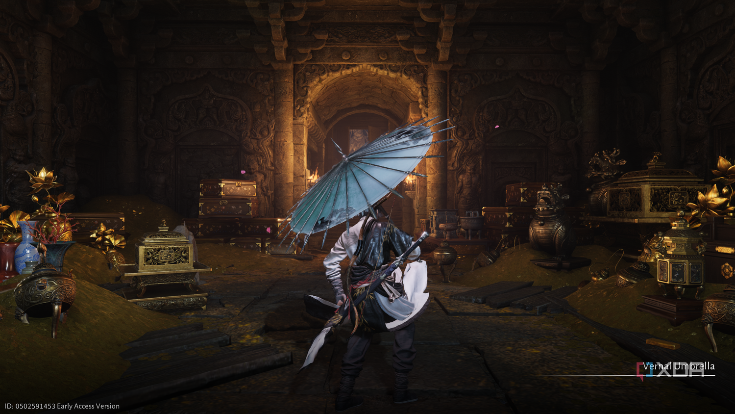 Fighting with an umbrella weapon in Where Winds Meet.
