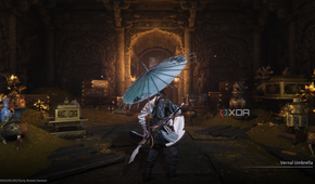 Fighting with an umbrella weapon in Where Winds Meet.
