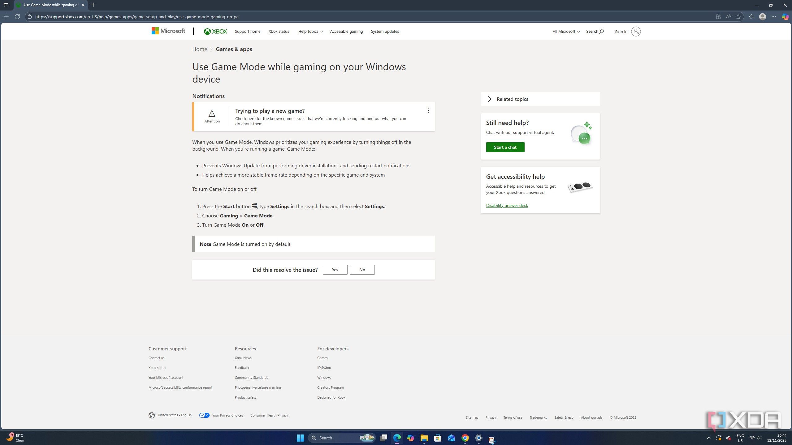 A screenshot featuring a description of Windows 11's game mode.