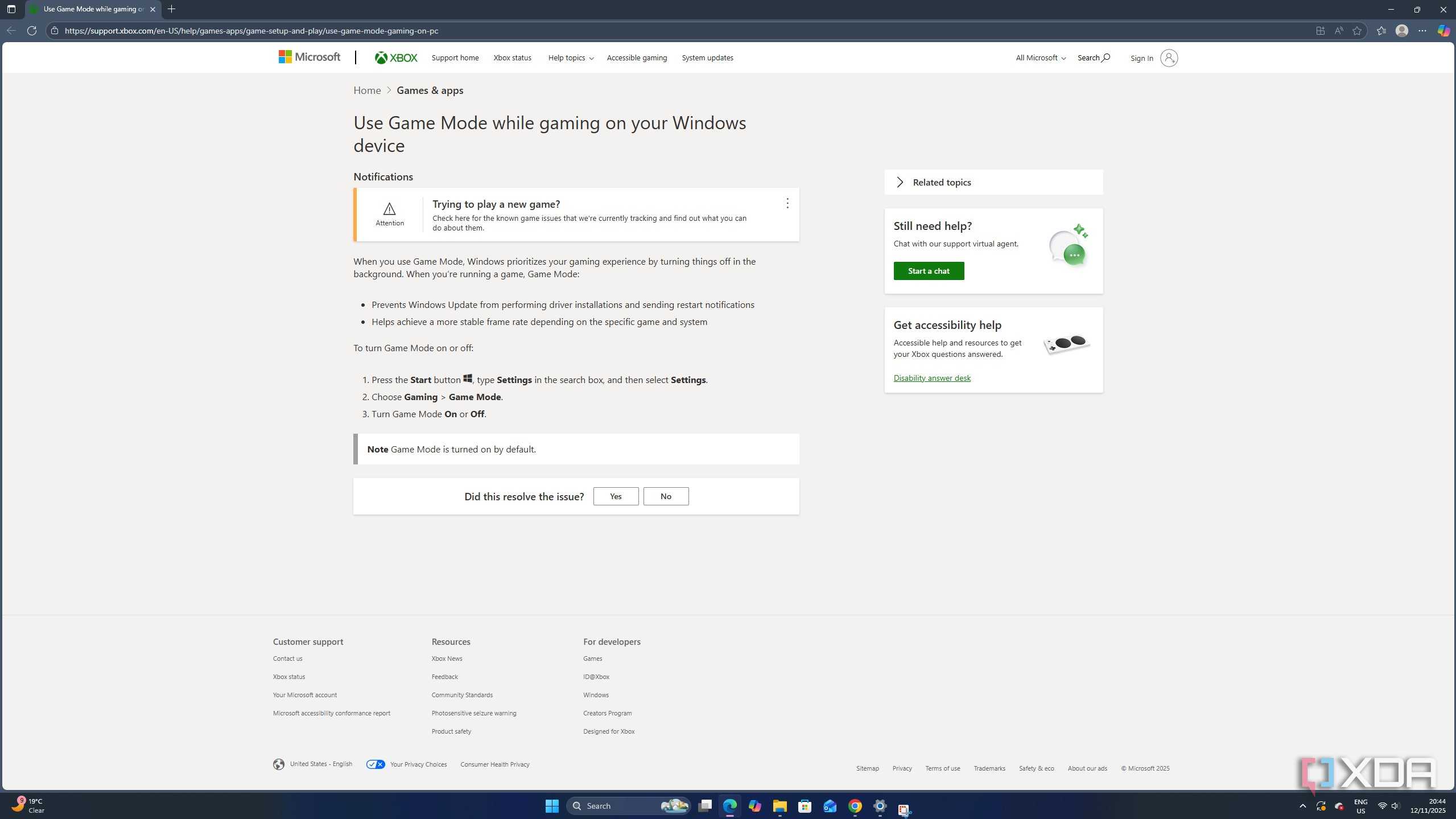 A screenshot featuring a description of Windows 11's game mode.