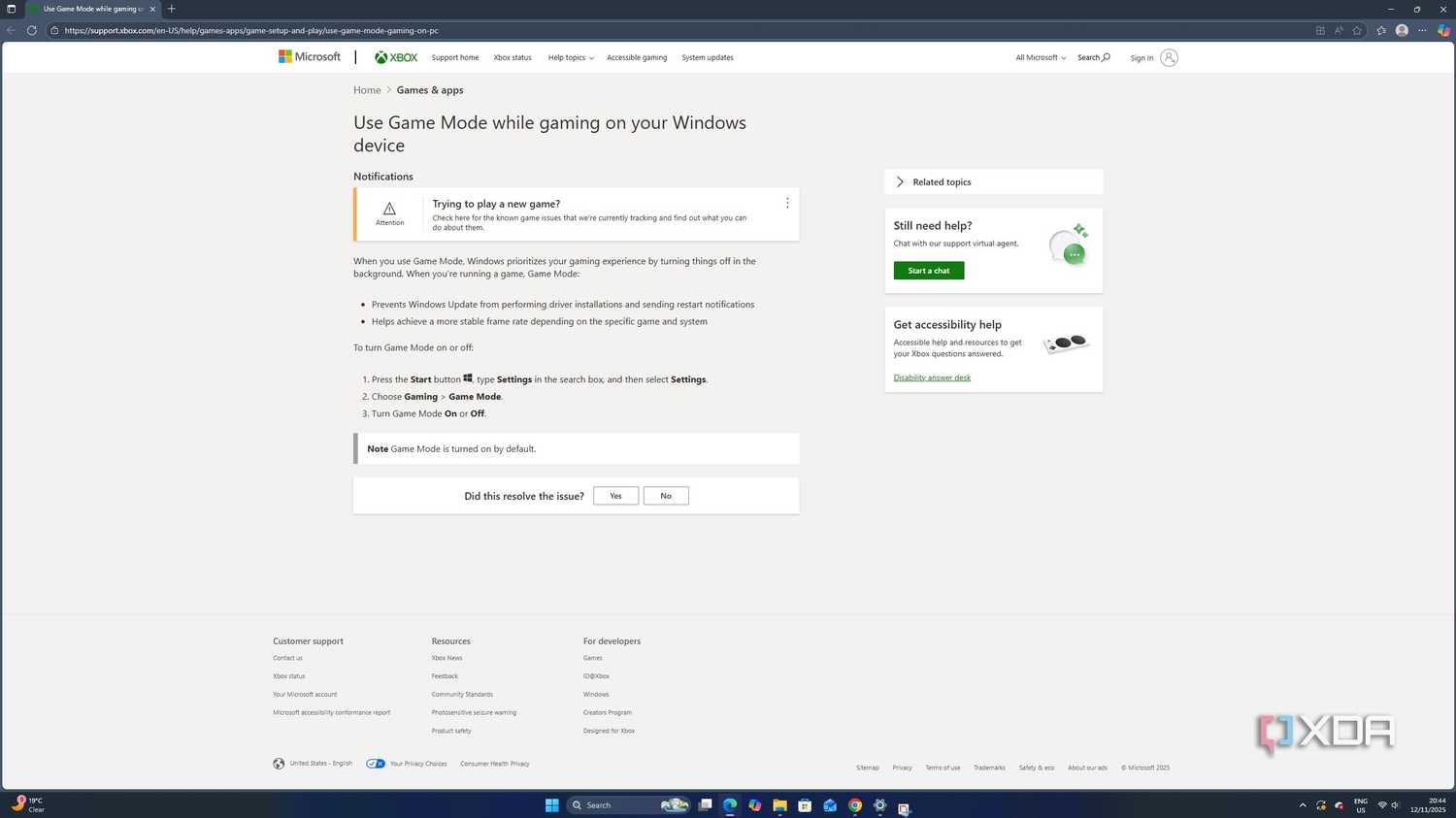 A screenshot featuring a description of Windows 11's game mode.