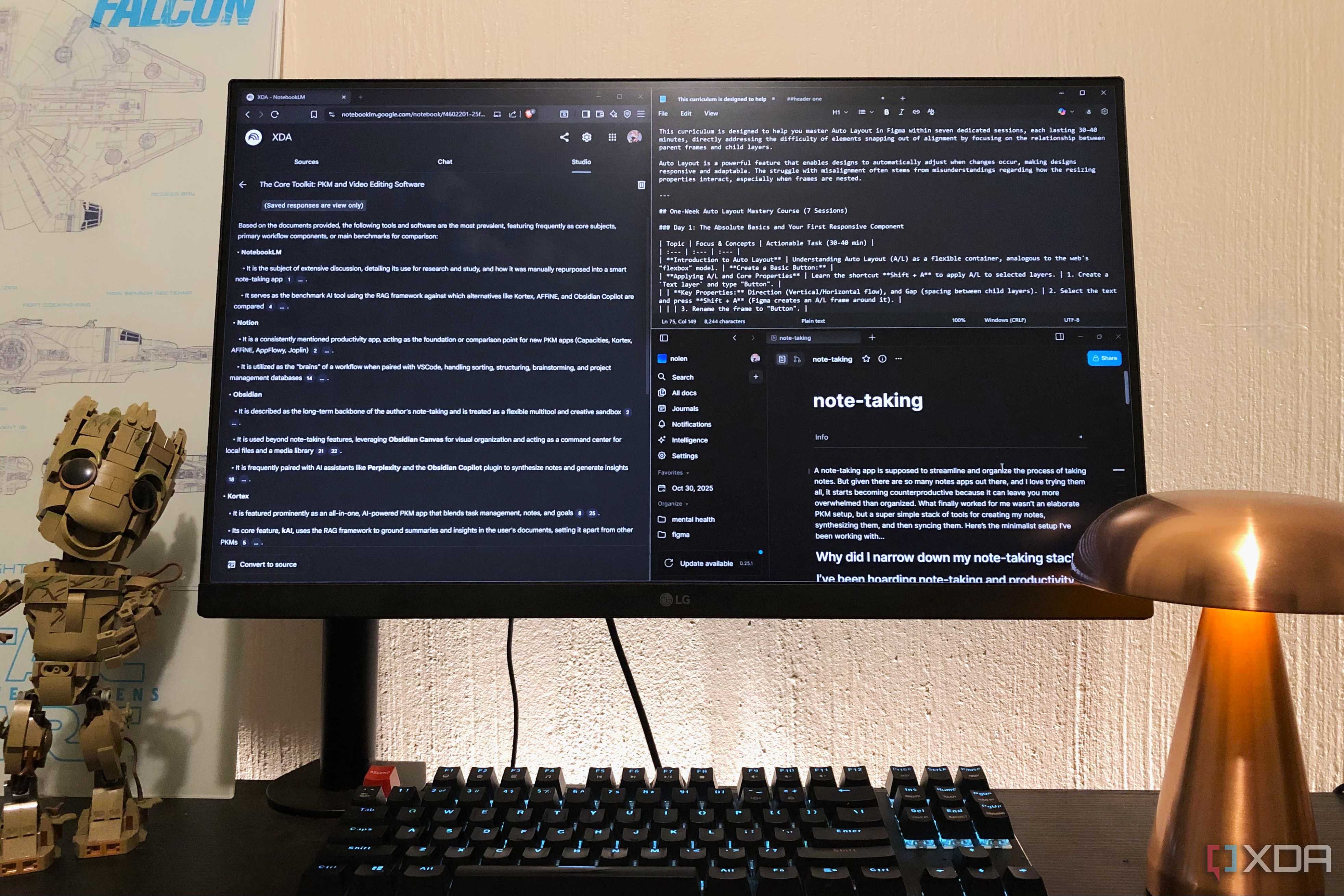 Windows Notepad, AFFiNE, and NotebookLM on desktop pc, lego and lamp in view