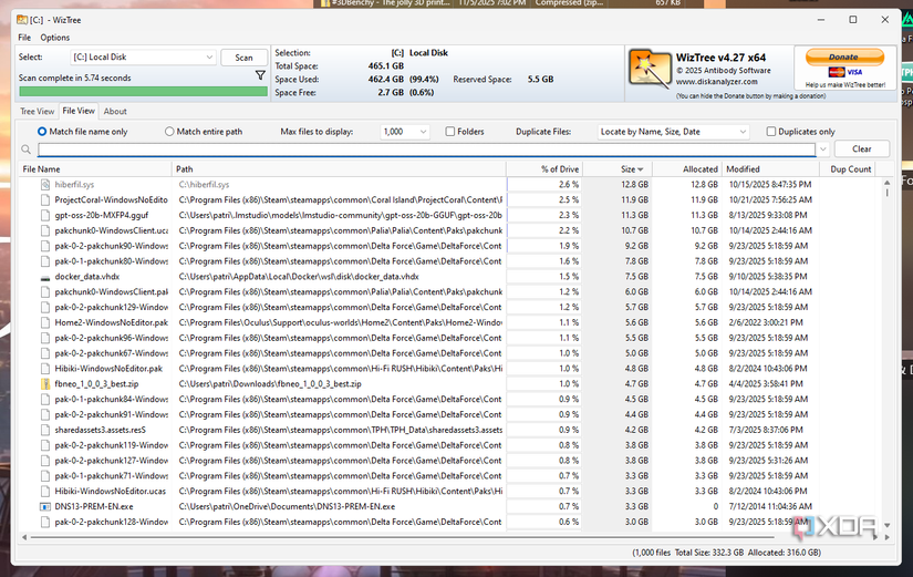 La Vista de archivos de WizTree facilita ver todos sus archivos más grandes en un solo lugar. 