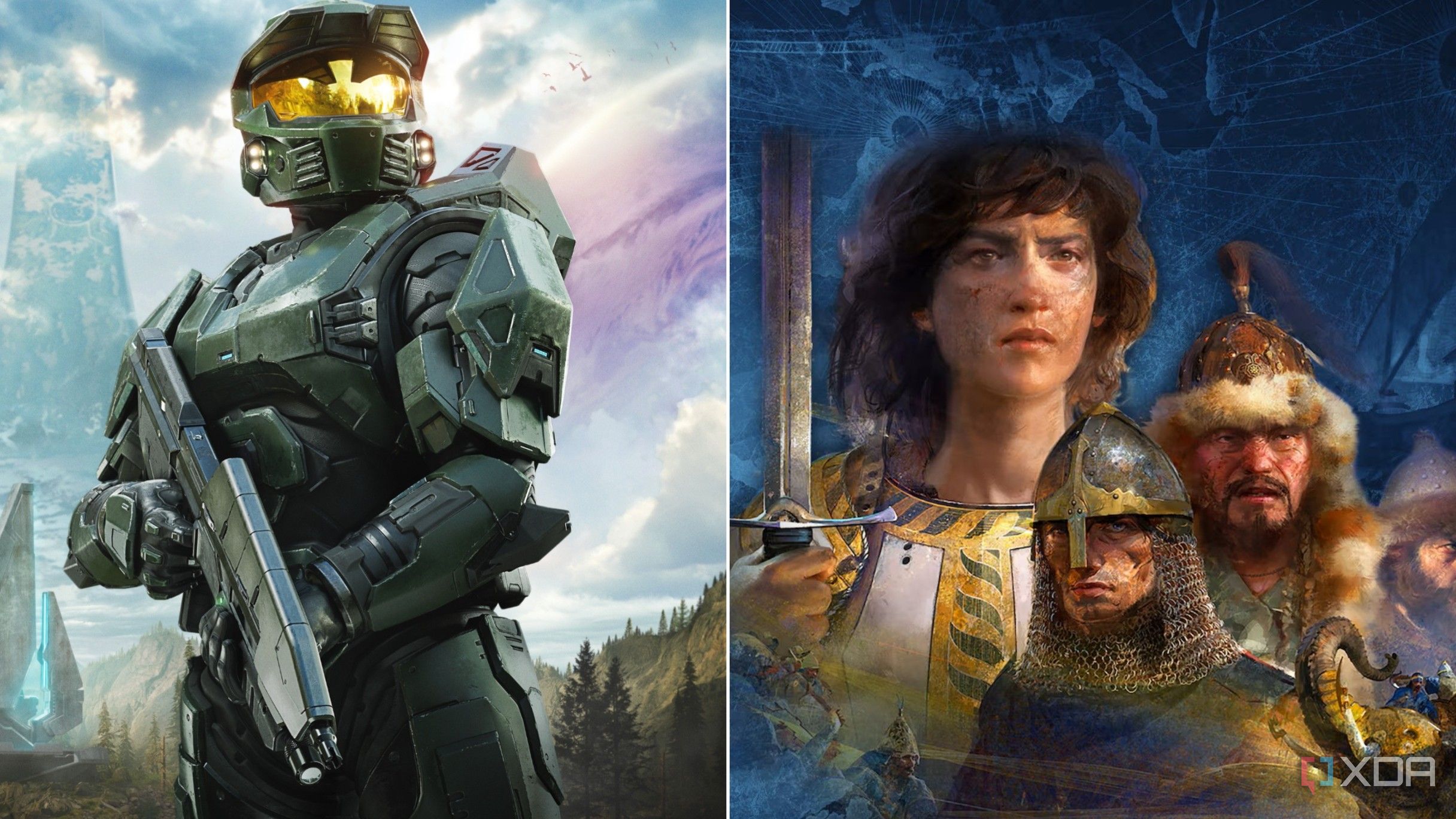 A collage of key art for Halo: Campaign Evolved and Age of Empires IV: Anniversary Edition for PS5