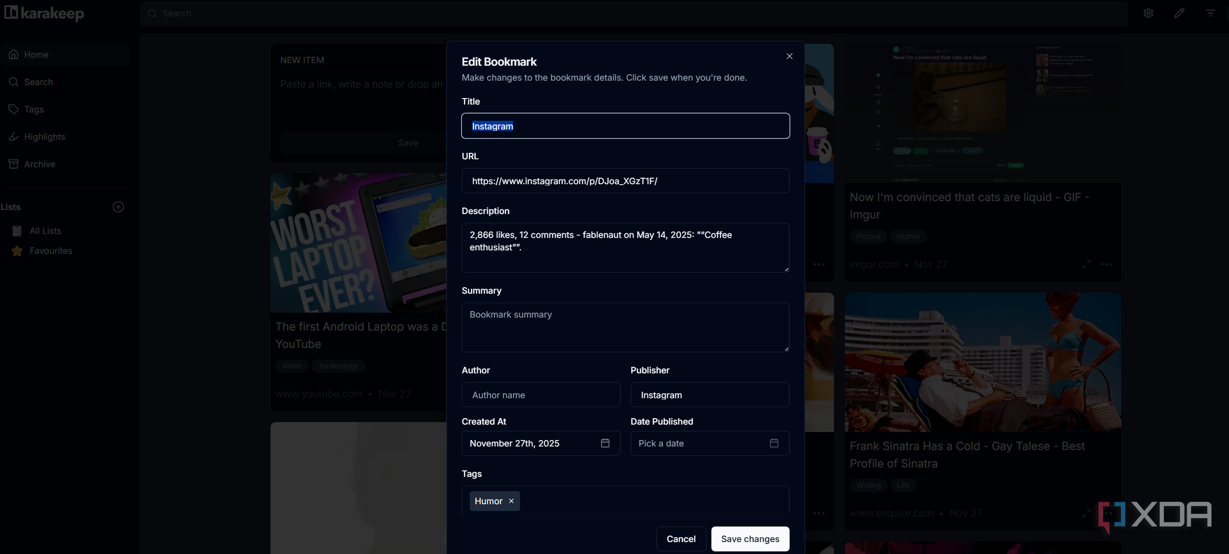 A screenshot of Karakeep's bookmark properties.