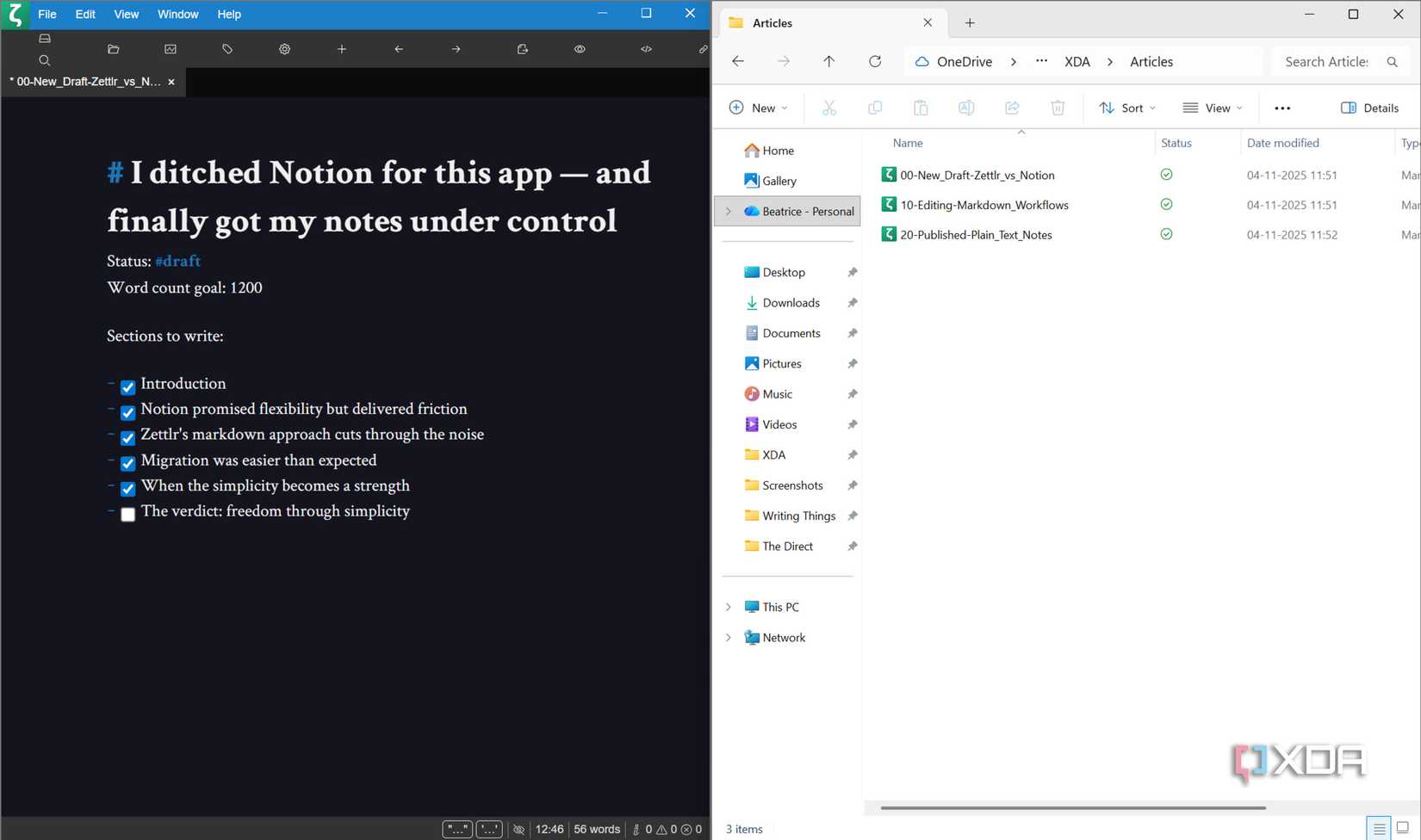 Captura de pantalla de los archivos del espacio de trabajo de Zettlr