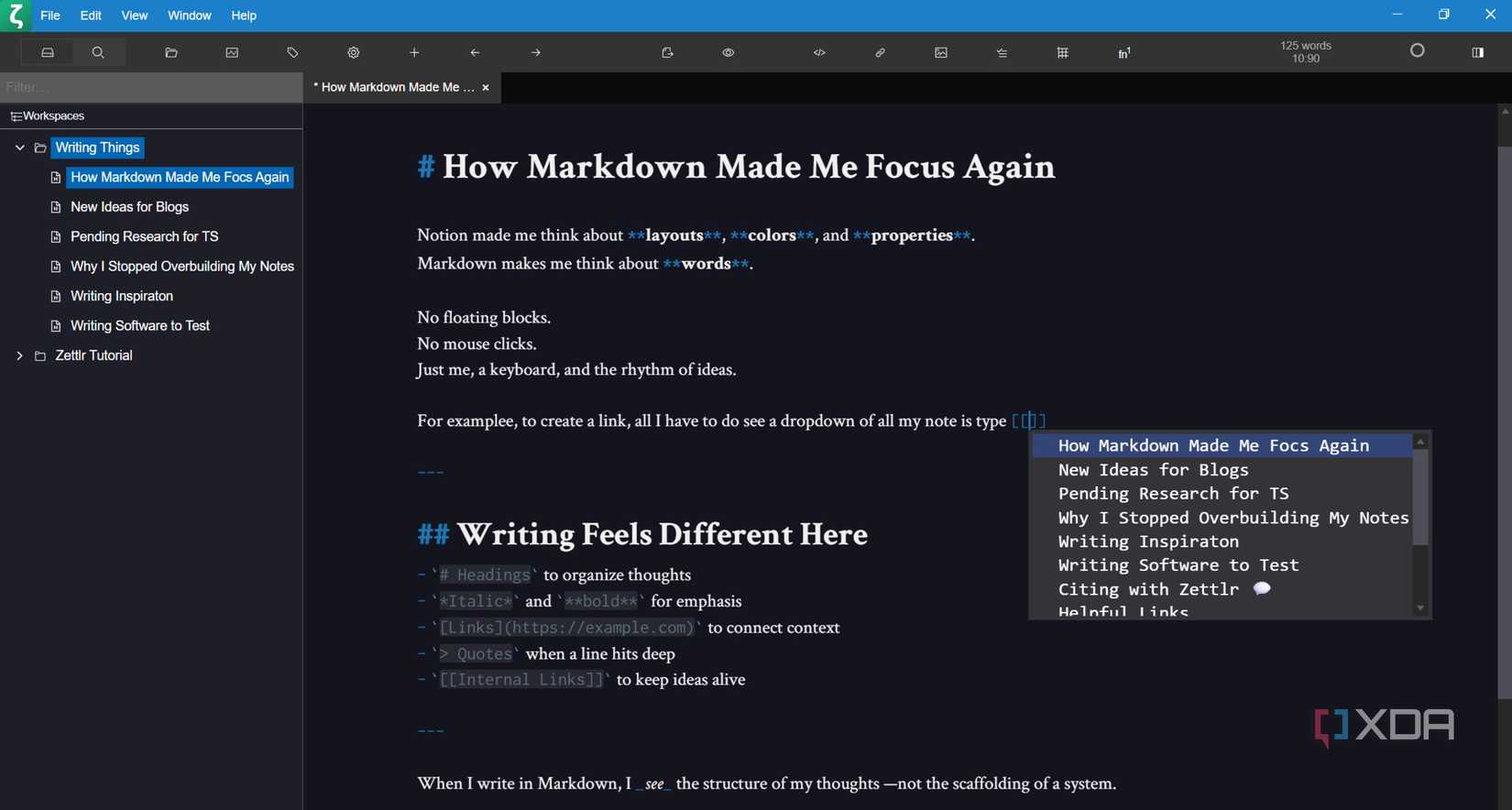 Captura de pantalla del enlace de Zettlr