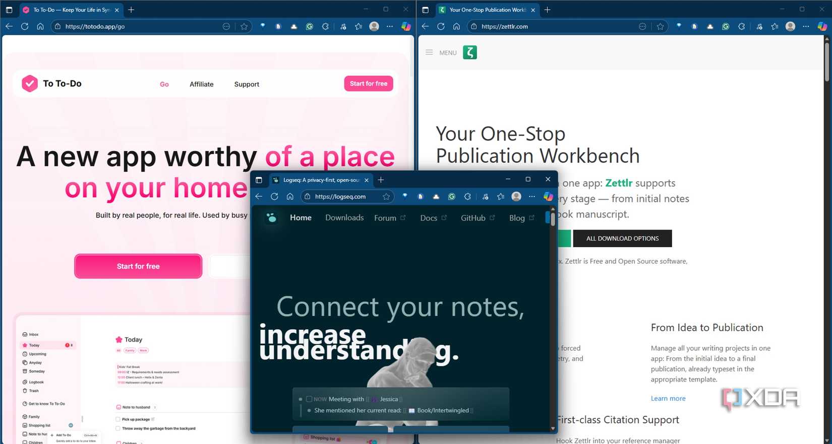 Screenshot of Zettlr, To To-Do, and Logseq homepages on display