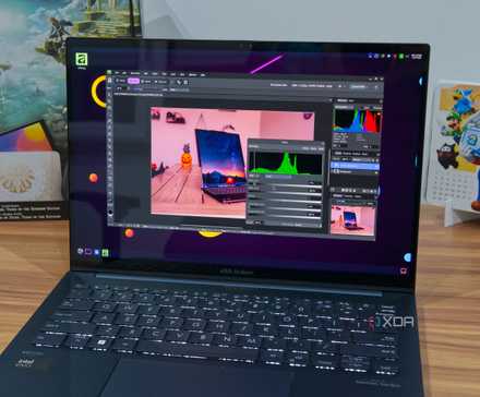 A laptop editing an image using Affinity on Linux