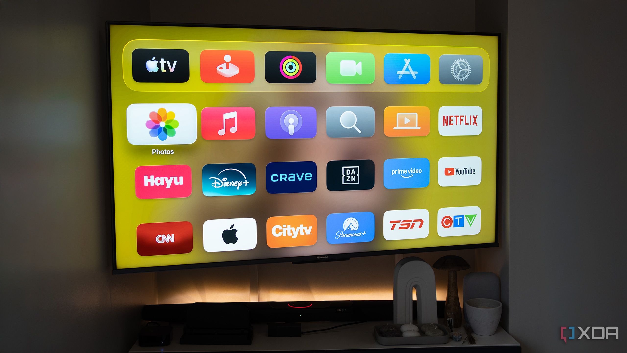 The Apple TV home screen with several streaming applications