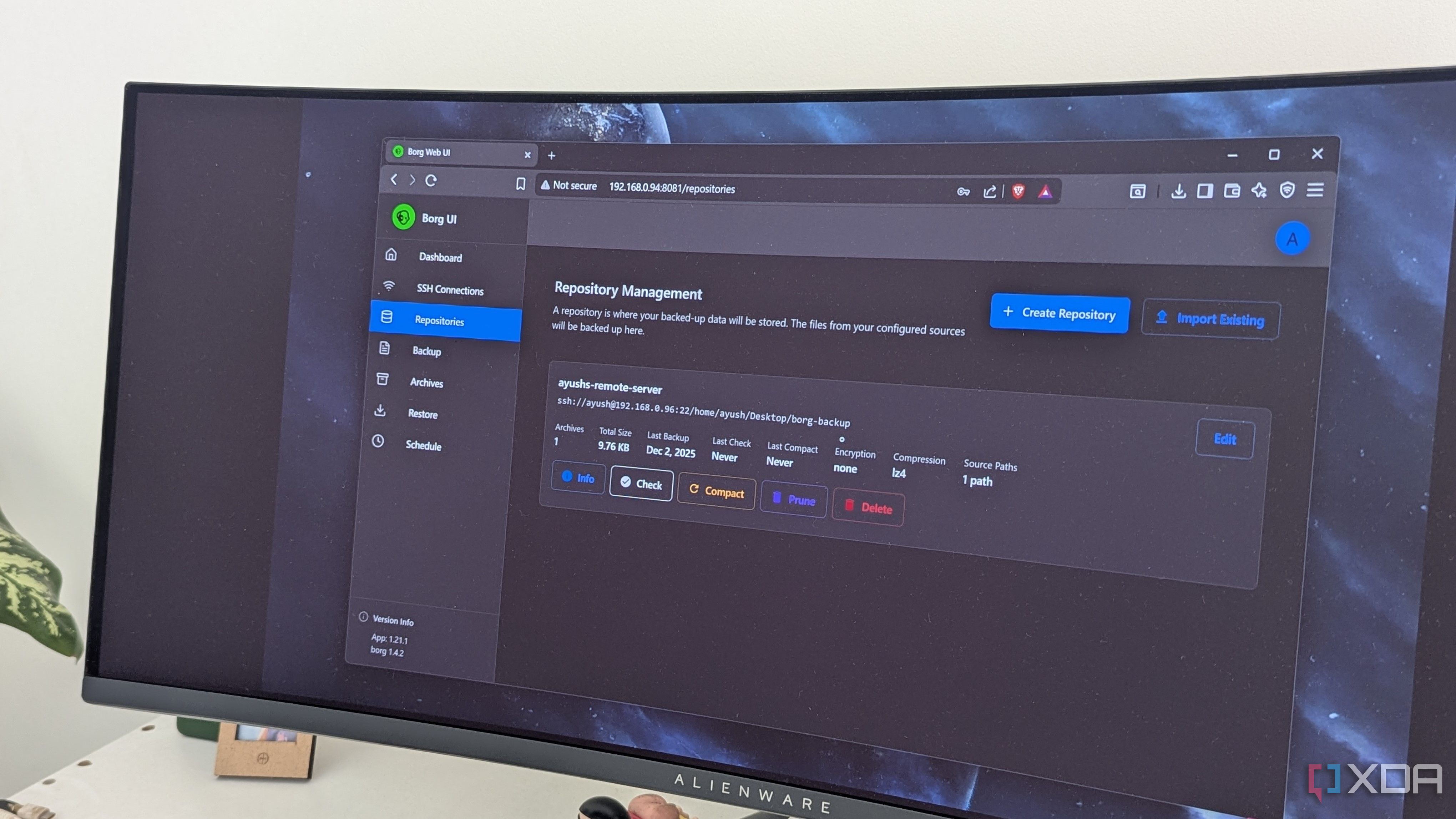 BorgBackup window on an ultrawide monitor