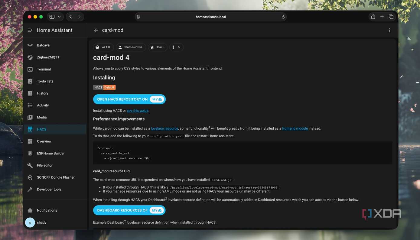 Использование карточки card-mod Настройка карточки card-mod через HACS