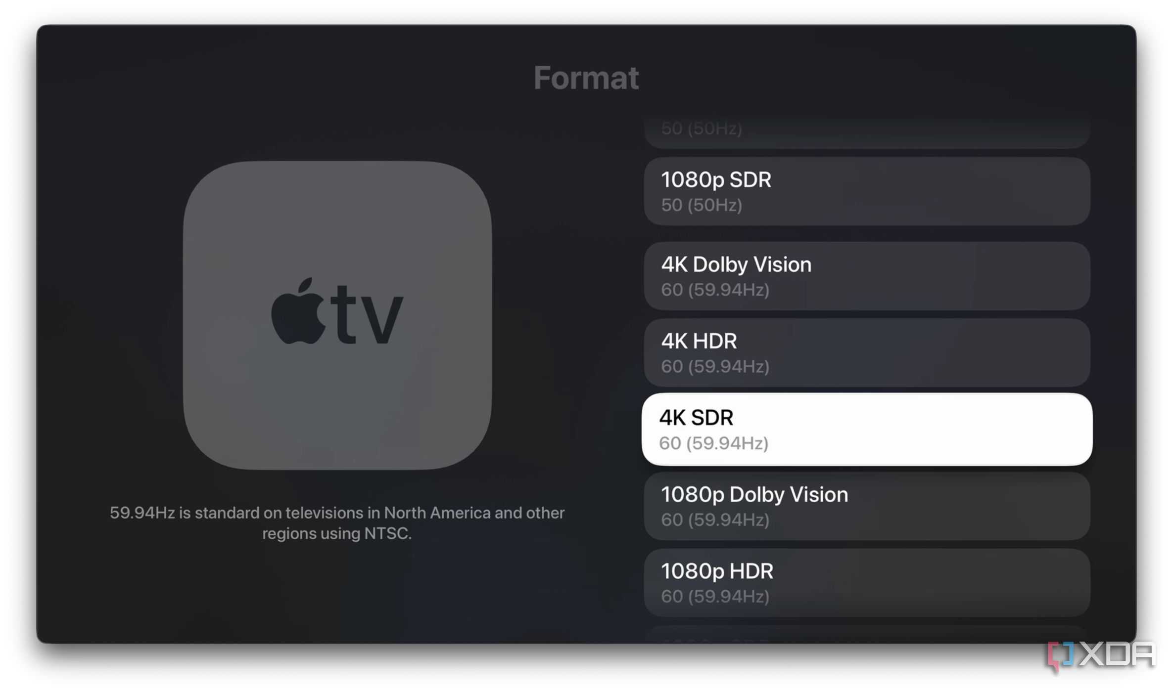 A screenshot of choosing 4K SDR 60Hz format on Apple TV 4K