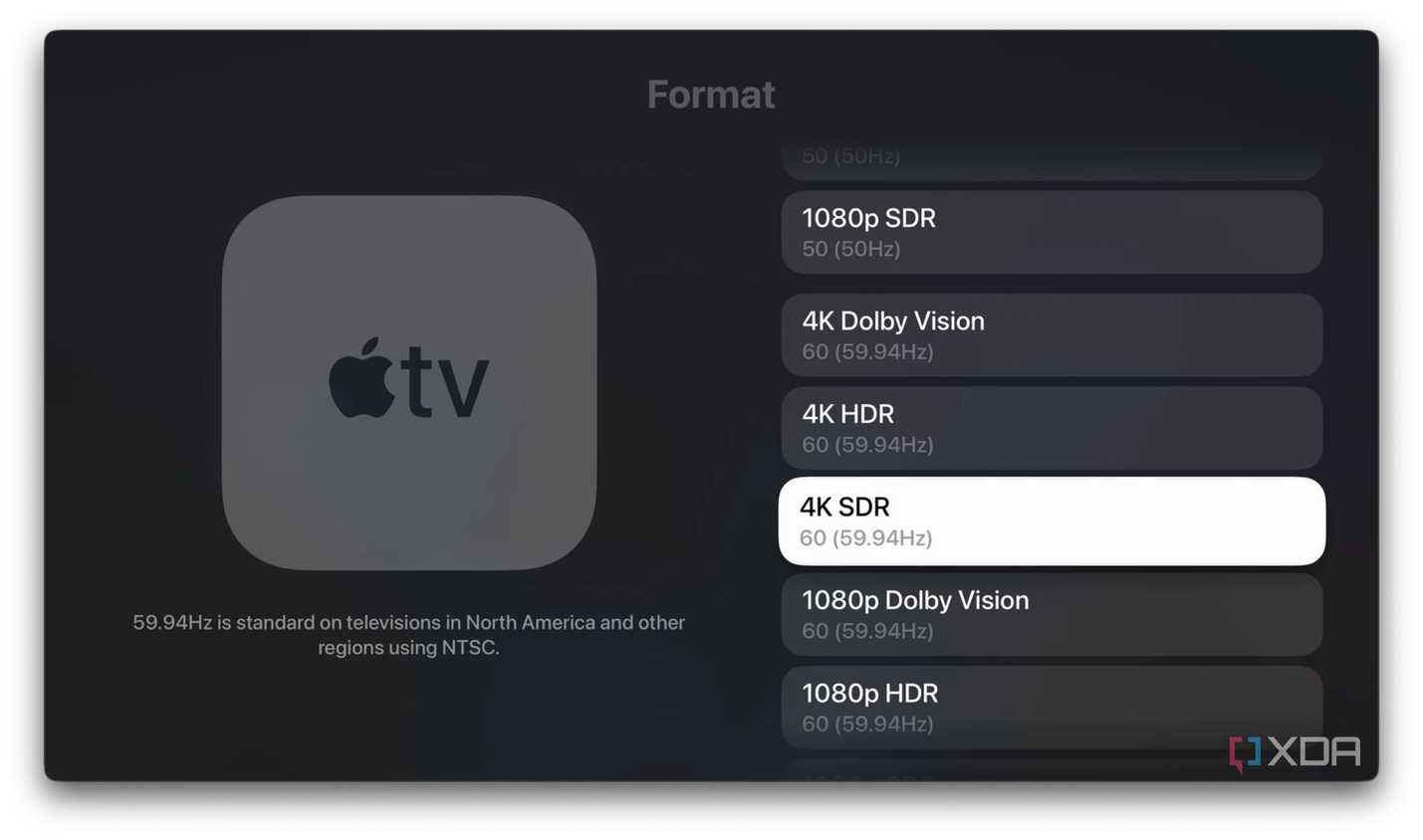 A screenshot of choosing 4K SDR 60Hz format on Apple TV 4K